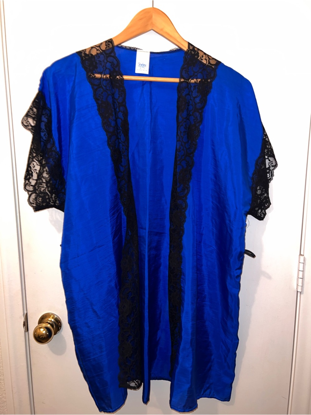 Shirley of Hollywood Royal Blue Kimono Robe with Black Lace